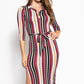 Stripes Print, Midi Tee Dress With 3/4 Sleeves, Collared V Neckline, Decorative Button, Matching Belt And A Side Slit