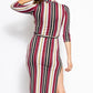 Stripes Print, Midi Tee Dress With 3/4 Sleeves, Collared V Neckline, Decorative Button, Matching Belt And A Side Slit