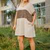 Linen Blend Short Folded Sleeve Animal Print Colorblocked V-neck Dress With Pockets