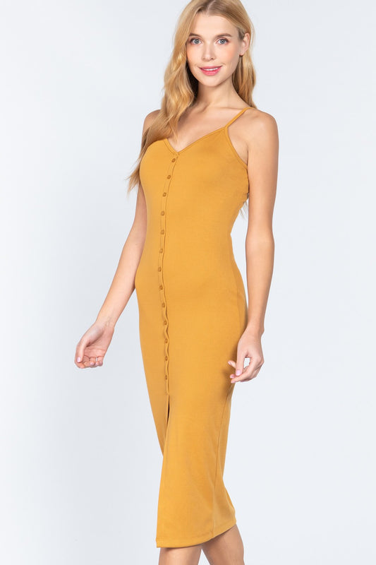 Fron Button Slit Rib Cami Midi Dress