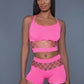 2 pc silk fishnet set that includes a tank crop top with criss-cross cami straps and a pair of high waisted booty shorts