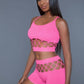 2 pc silk fishnet set that includes a tank crop top with criss-cross cami straps and a pair of high waisted booty shorts