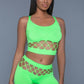 2 pc silk fishnet set that includes a tank crop top with criss-cross cami straps and a pair of high waisted booty shorts.