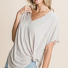 Solid V Neck Casual And Basic Top With Short Dolman Sleeves And Side Slit Hem