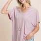 Solid V Neck Casual And Basic Top With Short Dolman Sleeves And Side Slit Hem