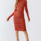 Brick Satin Effect Ruched Turtle Neck Open Back Midi Dress