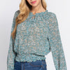 Long Slv Smocked Print Woven Top