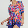 Floral Print Round Neck Pleated Baby Doll Top With 3/4 Sleeves