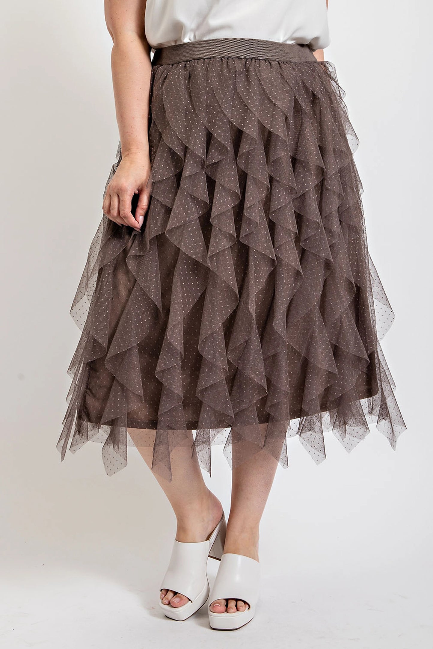 Ruffled Tulle Midi Skirt With Elastic Waist Band