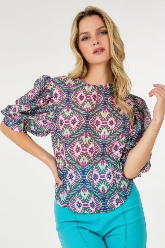 Puff Sleeve Multi-Print Top