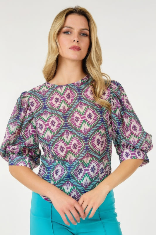 Puff Sleeve Multi-Print Top