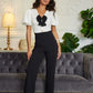 Bow N Pearl Detailed Blk N Wht Fashion Jumpsuit