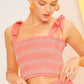 Self Tie Shoulder Smocking Ruffle Crop Top