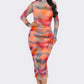 Summer Heat Print Mesh Ruched Midi Dress