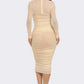 Solid Mesh Ruched Midi Dress