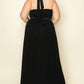 Chiffon Pleated Gold Trim Neck & Belt Cut Out Chest Maxi Dress