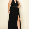 Chiffon Pleated Gold Trim Neck & Belt Cut Out Chest Maxi Dress