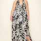 Crinkle Satin Printed Halter Ruffled Detail Smocked Waist Slit Frt Maxi Dress