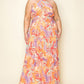 Chiffon Printed Pleated Cross Halter Key Hole Front Smocked Waist Maxi Dress