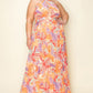 Chiffon Printed Pleated Cross Halter Key Hole Front Smocked Waist Maxi Dress