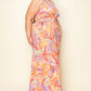 Chiffon Printed Pleated Cross Halter Key Hole Front Smocked Waist Maxi Dress