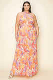 Chiffon Printed Pleated Cross Halter Key Hole Front Smocked Waist Maxi Dress