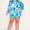 Crinkle Satin Printed Long Sleeve Button Down Shirt With Tie Front Shorts Set