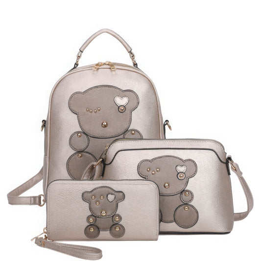 3in1 Cute Bear Design Handle Backpack W Crossbody And Wallet Set With Free Gift