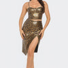 Pu Cheetah Print Top & Front Wrap Slit Skirt Set