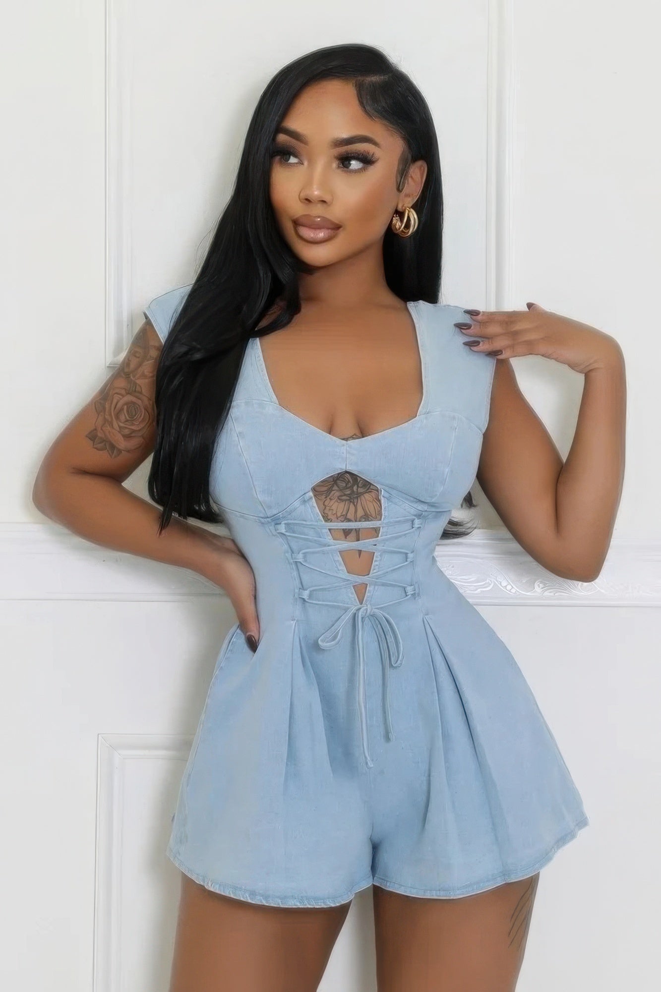 Denim, V-neck Stretch Romper