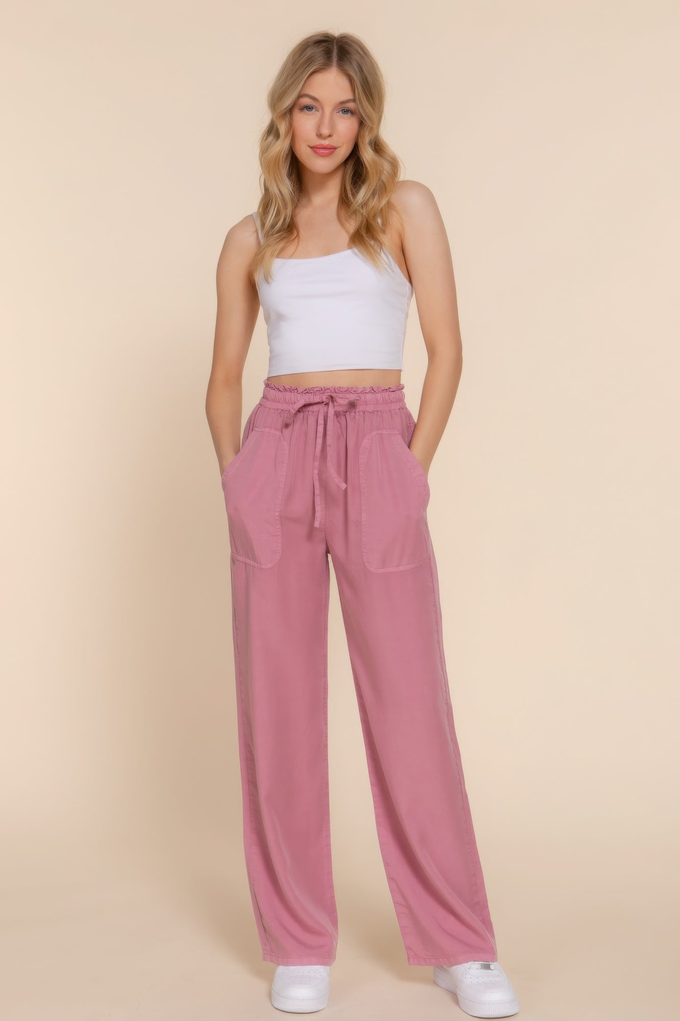 Elastic Waist Tencel Long Pants