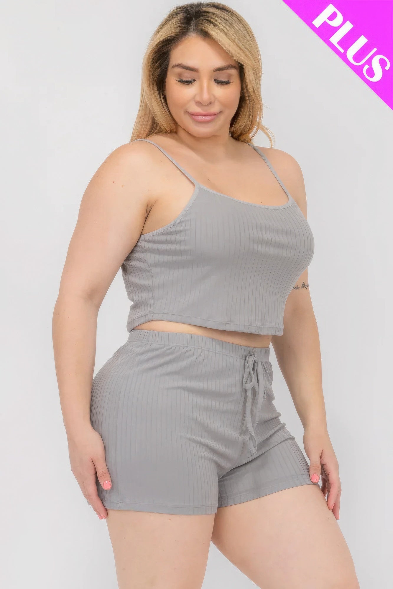 Plus Size Solid Ribbed Cami Top And Shorts Set