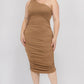 Plus Size Sexy Solid Color Ruched One Shoulder Midi Bodycon Dress