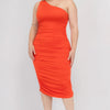 Plus Size Sexy Solid Color Ruched One Shoulder Midi Bodycon Dress