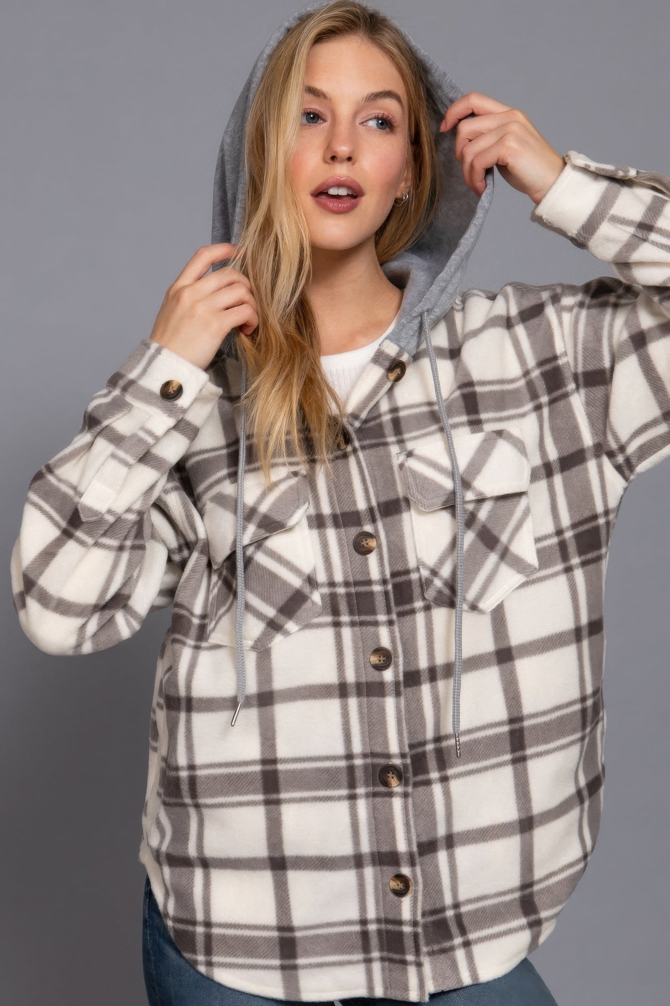 Plaid Print Hoodie Fleece Jacket