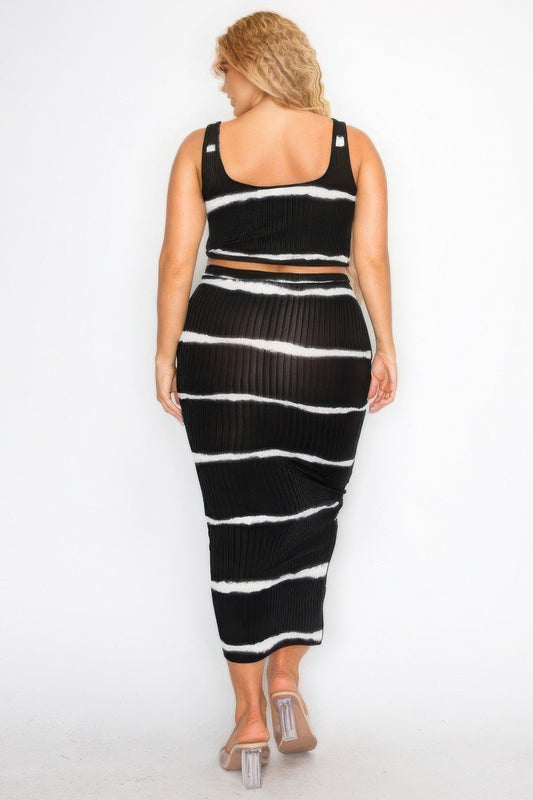 Plus sleeveless tie dye stripe 2 piece skirt set