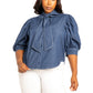 Washed denim puff sleeve blouse with tie