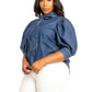 Washed denim puff sleeve blouse with tie