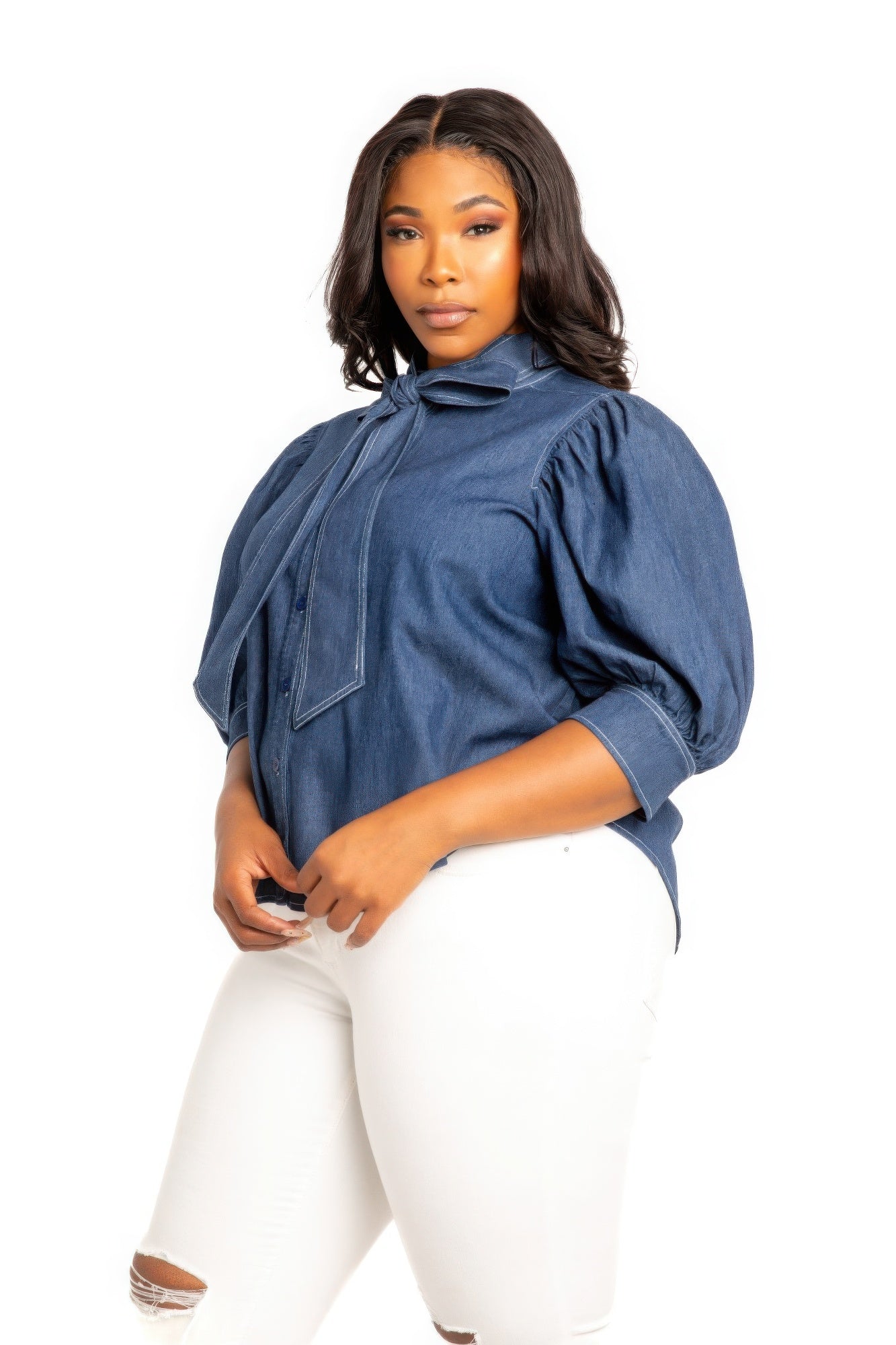 Washed denim puff sleeve blouse with tie