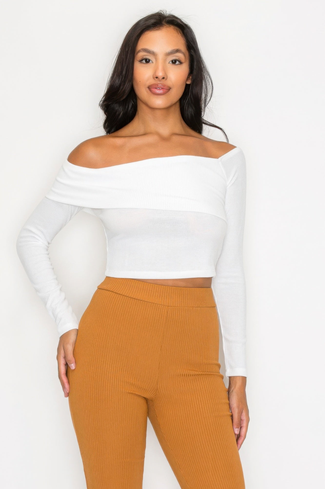 Bardot ribbed long sleeve crop top