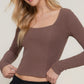 Long slv sweetheart neck seam detail knit top