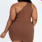 Plus Size Ribbed One Shoulder Cutout Front Casual Mini Bodycon Dress