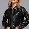 Long slv shirt collar faux leather jacket