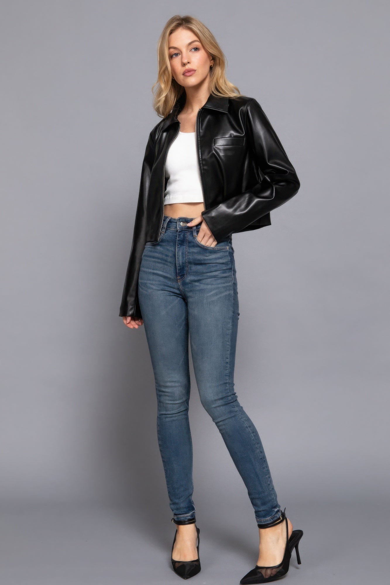 Long slv shirt collar faux leather jacket