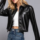 Long slv shirt collar faux leather jacket