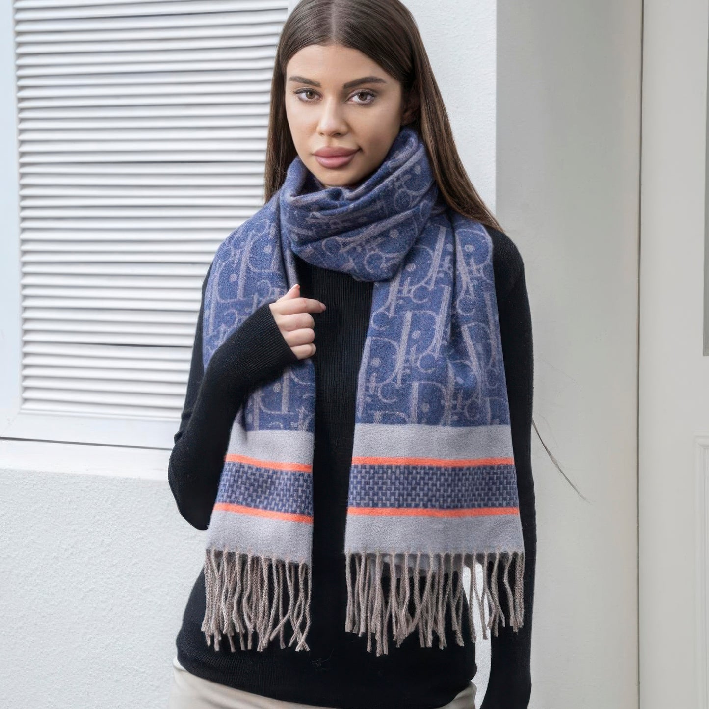 Double stripe blanket scarf with tassel