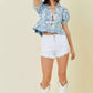 Denim Embroidered Crop Top With Front Tie Detail