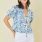 Denim Embroidered Crop Top With Front Tie Detail