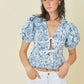 Denim Embroidered Crop Top With Front Tie Detail