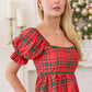 Plaid Print Baby Doll Puff Sleeve Top With Contrasting Lace Trim Detail